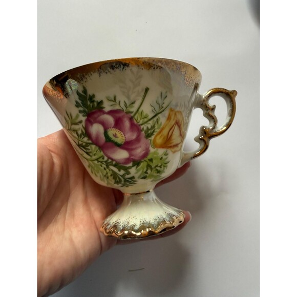 VTG Sterling China Japan Birth Month-August Poppy Iridescent Teacup & Saucer - Picture 2 of 10